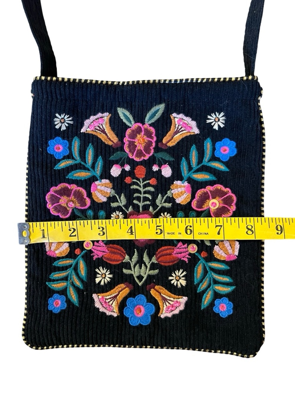 NATURAL LIFE Embroidered Black Corduroy Boho Crossbody Bag Folk Flower Purse - Picture 11 of 12